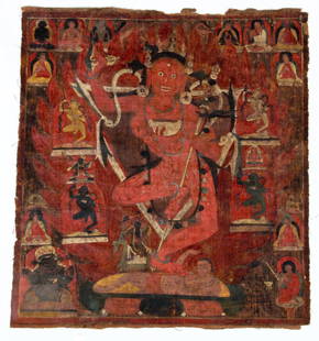 14th-16th C. Tibetan Thangka of Vajra Varahui: 14th-16th C. Tibetan Thangka of Vajra Varahui: A powerfully rendered early Tibetan Thangka scroll painting of Vajra Varahi (Sanskrit), Dorje Pakmo (Tibetan), 14th-16th c. Provenance: Bill Liske.