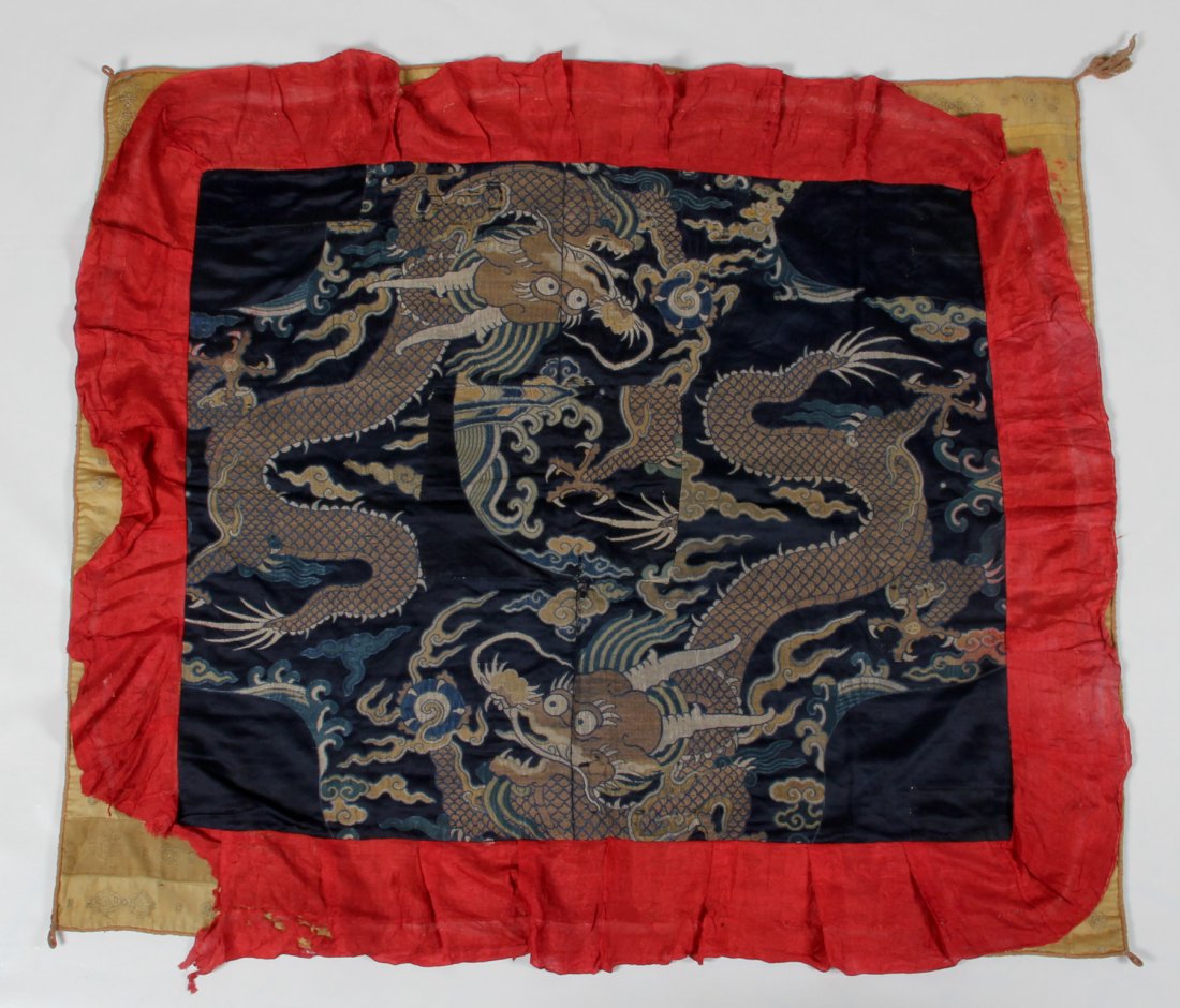 Rare Tibetan High Lama Temple Throne Canopy, Late Ming : Rare Tibetan High Lama Temple Throne Canopy,pieced Chinese silk brocade w/ dragons. Late Ming to Kangxi era. Provenance: Bill Liske. Size: 36 x 42 inches (91.44 x 106.68 cm).