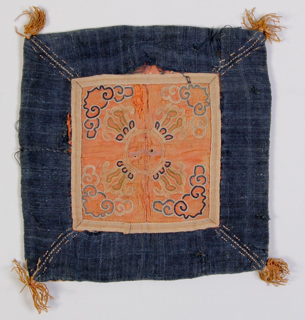 Tibetan Pieced Silk Crossed Dorje Ritual Altar Cover: Tibetan Pieced Silk Crossed Dorje Ritual Altar Cover - needle loop silk embroidery - probably 16th c. Provenance: Bill Liske. Size: 7-3/4 x 7-3/4 inches.