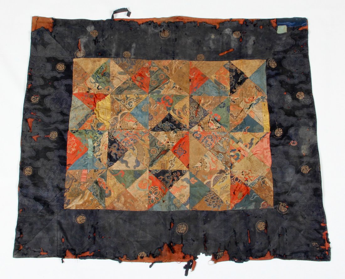 Large Tibetan Pieced Ritual Altar Cover: Large Tibetan Pieced Ritual Altar Cover w/ extraordinary late Ming Chinese silk brocade triangular quilting. Provenance: Bill Liske. Size: 34 x 40 inches (86.35 x 101.6 cm).