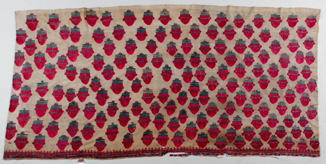 Large 18th C Mughal Textile: Large 18th C Mughal Textile, Thar Valley, silk on cotton. Size: 42 x 85 inches (106.68 x 215.9 cm).