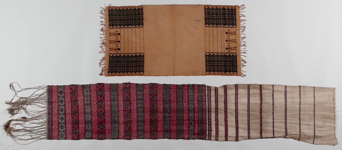 Two Southeast Asian Textiles: Two Southeast Asian Textiles, circa 1900, including a large Bhutan panel and a small Indonesian silk on cotton panel. Size: 1) 20 x 37 inches; 2) 15 x 78-1/2 inches.