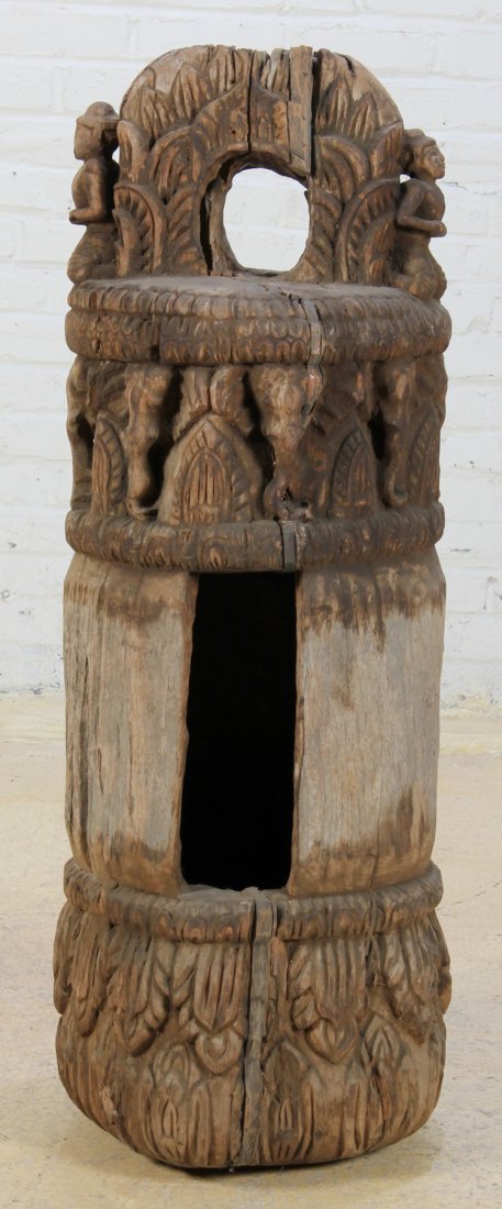 Large Pre 1900 Burmese Buddhist Temple Bell: Large Buddhist Temple Bell, Burma, pre 1900, carved wood, incised and raised patterns. Size: 46 x 16 x 16 inches.