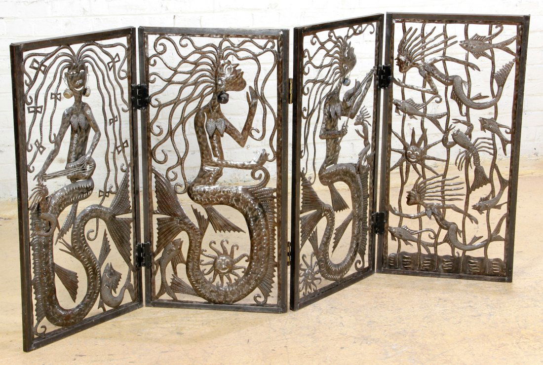 Haitian Fire Screen: Haitian Fire Screen, Croix de Bouquets, Haiti, recycled oil drum depicting mermaid figures and underwater creatures with bottle cap earrings. Size: 35-1/2 x 73 x 1 inches (90.16 x 185.42 x 2.54 cm). F