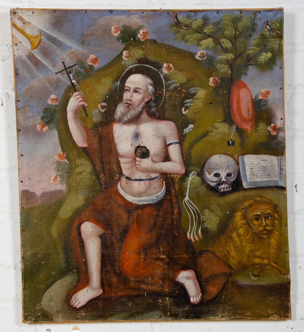 St. Jerome and The Lion, Oil on Canvas: St. Jerome and The Lion, 18th c, oil on canvas. Size: 22 x 19 inches.