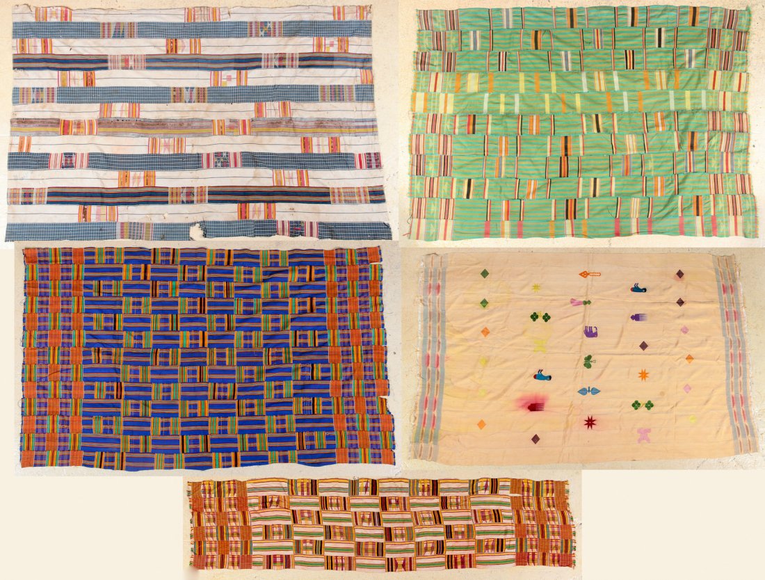 Group of Five West African Wraps: Group of Five West African Wraps, early/mid 20th c, mixed Kente and Ewe cloths, narrow strip weave, sewn. Dimensions: 74 x 46 inches; 75 x 18 inches; 64 x 45 inches; 76 x 50 inches; 70-1/2 x 42-1/2 in