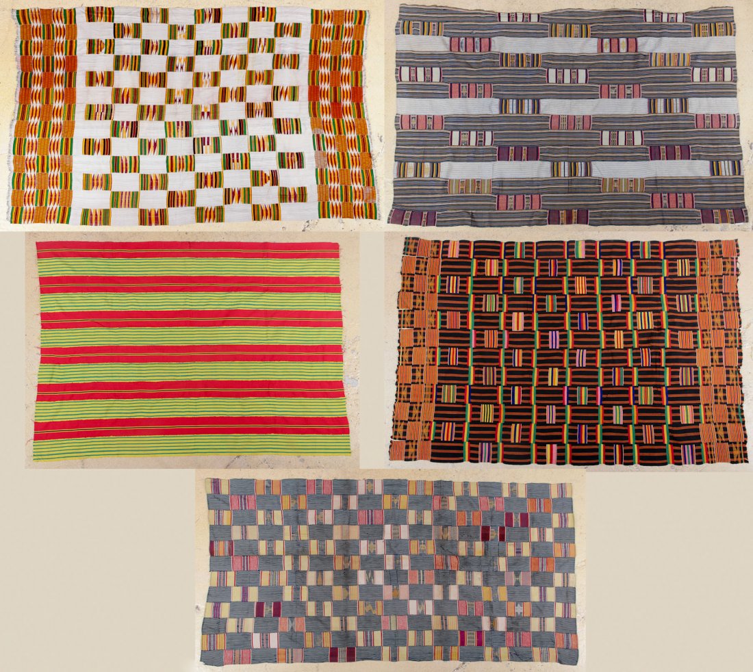 Group of Five West African Wraps: Group of Five West African Wraps, early/mid/late 20th c, mixed Kente and Ewe cloths, narrow strip weave, sewn. Dimensions: 69 x 44 inches; 75 x 45-1/2 inches; 68 x 47 inches; 78 x 39-1/2 inches; 60 x 