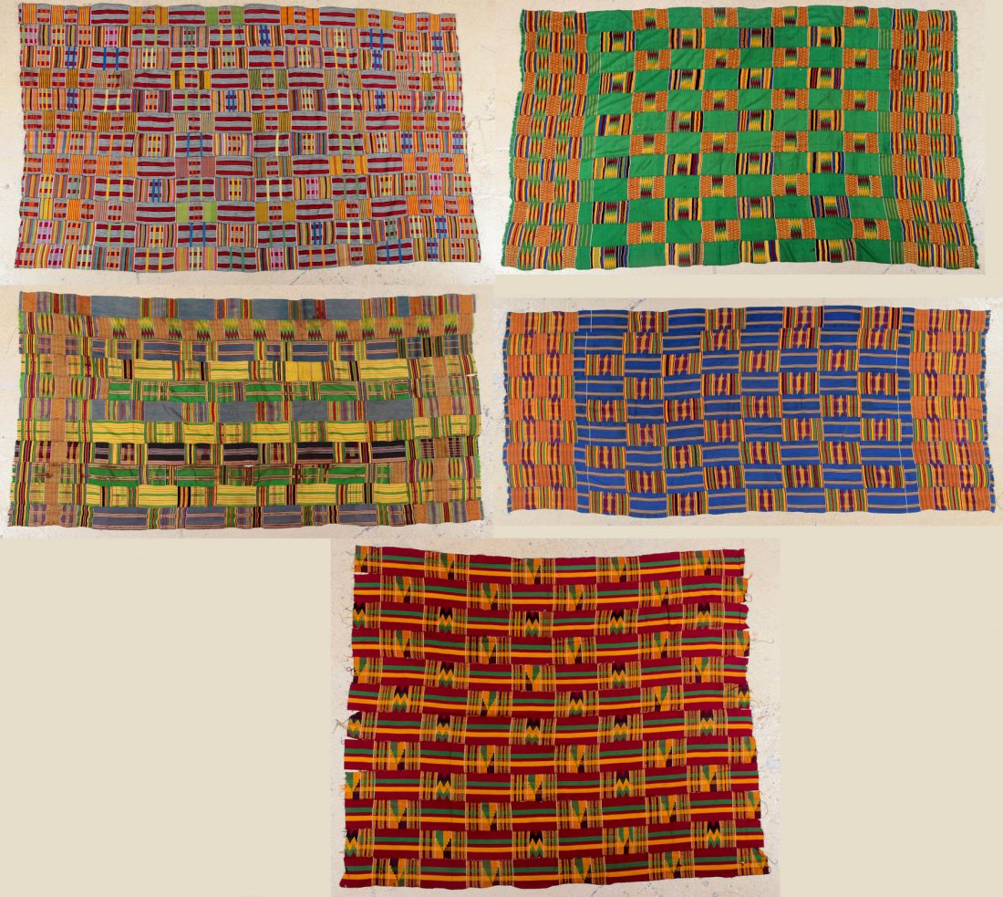 Group of Five West African Wraps: Group of Five West African Wraps, mid 20th c, mixed Kente and Ewe cloths, narrow strip weave, sewn. Dimensions: 79 x 47 inches; 74 x 36-1/2; 53-1/2 x 43; 72-1/2 x 42; 76-1/2 x 33-1/2 inches.