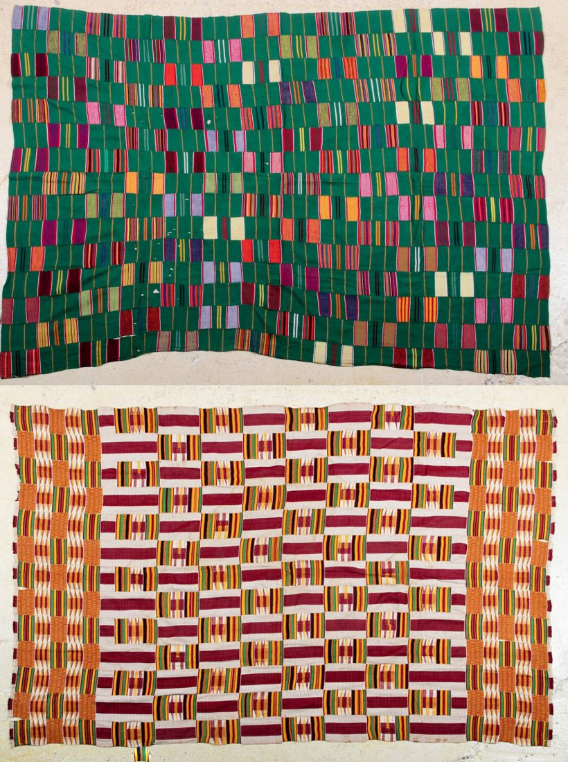 Two West African Cloths: Ewe and Kente: Two West African Cloths, mid 20th c. Green Ewe Cloth: 68 x 48-1/2 inches (172.72 x 123.19 cm); Kente Cloth: 79 x 49 inches (200.66 x 124.46 cm).