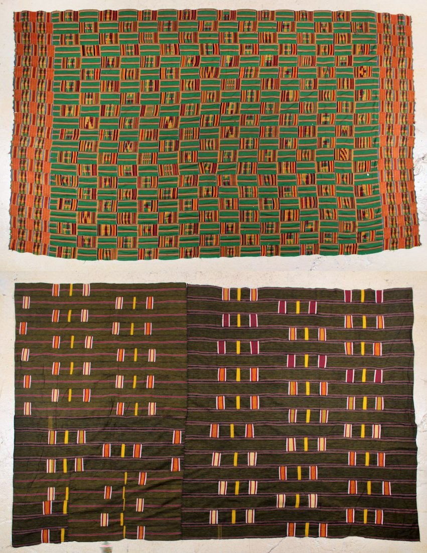 Two Large West African Cloths: Ewe and Kente: Large West African Kente Cloth, mid 20th c, narrow width loom, sewn panels. Green Kente: 110 x 69 inches (279.40 x 175.26 cm); Brown Ewe: 106 x 70 inches (269.24 x 177.8 cm).