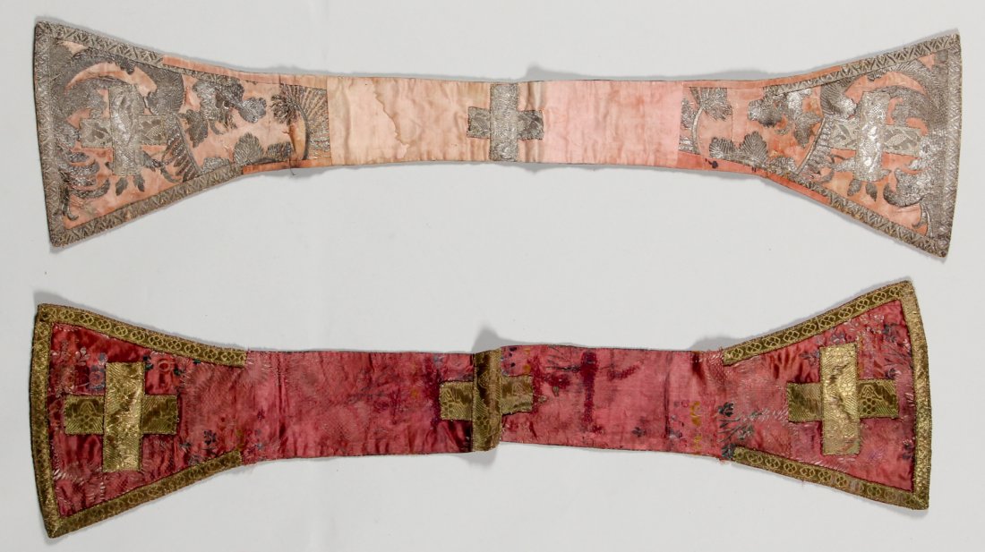 Two 17th/18th C Ecclesiastical Garments: Two 17th/18th C Ecclesiastical Garments, silk and metal thread. Size: 35 x 8-1/2 inches.