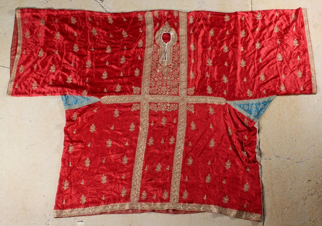 ENORMOUS MIDDLE EASTERN SILK AND METAL THREAD DRESS: Enormous Middle Eastern Silk and Metal Thread Dress. Size: 77 x 68 inches (195.58 x 172.72 cm).