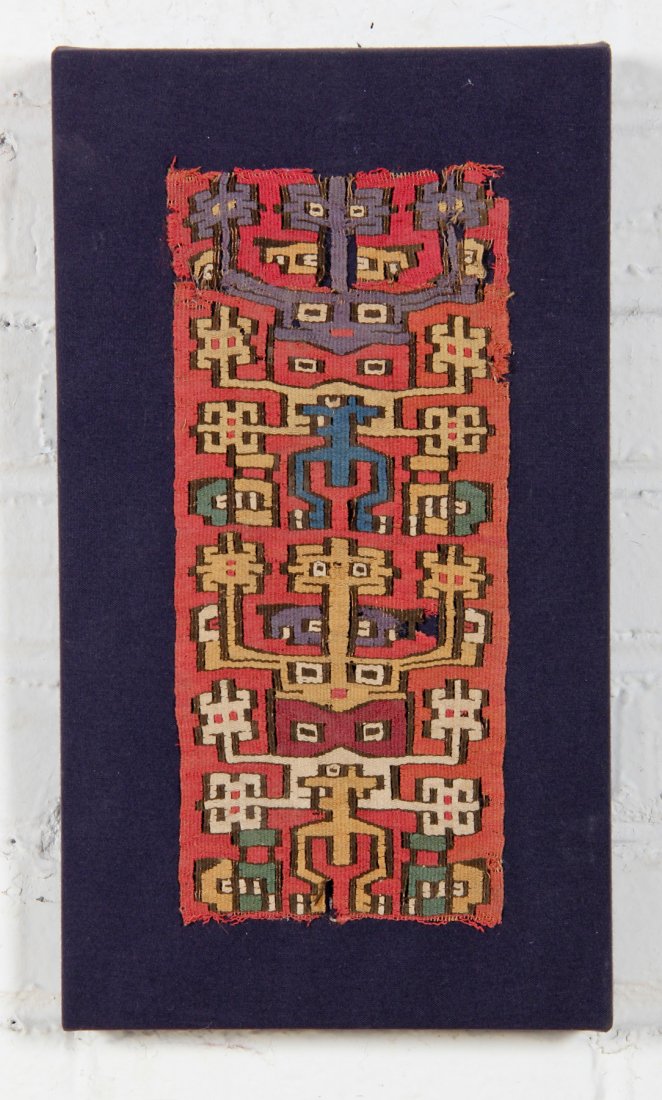 Pre Colombian Textile: Pre Columbian Textile, 7th-9th c. Size of Textile: 5.5 x 12.5 inches (13.97 x 31.75 cm) ; Size of frame: 9 x 16 inches (22.86 x 40.64cm).