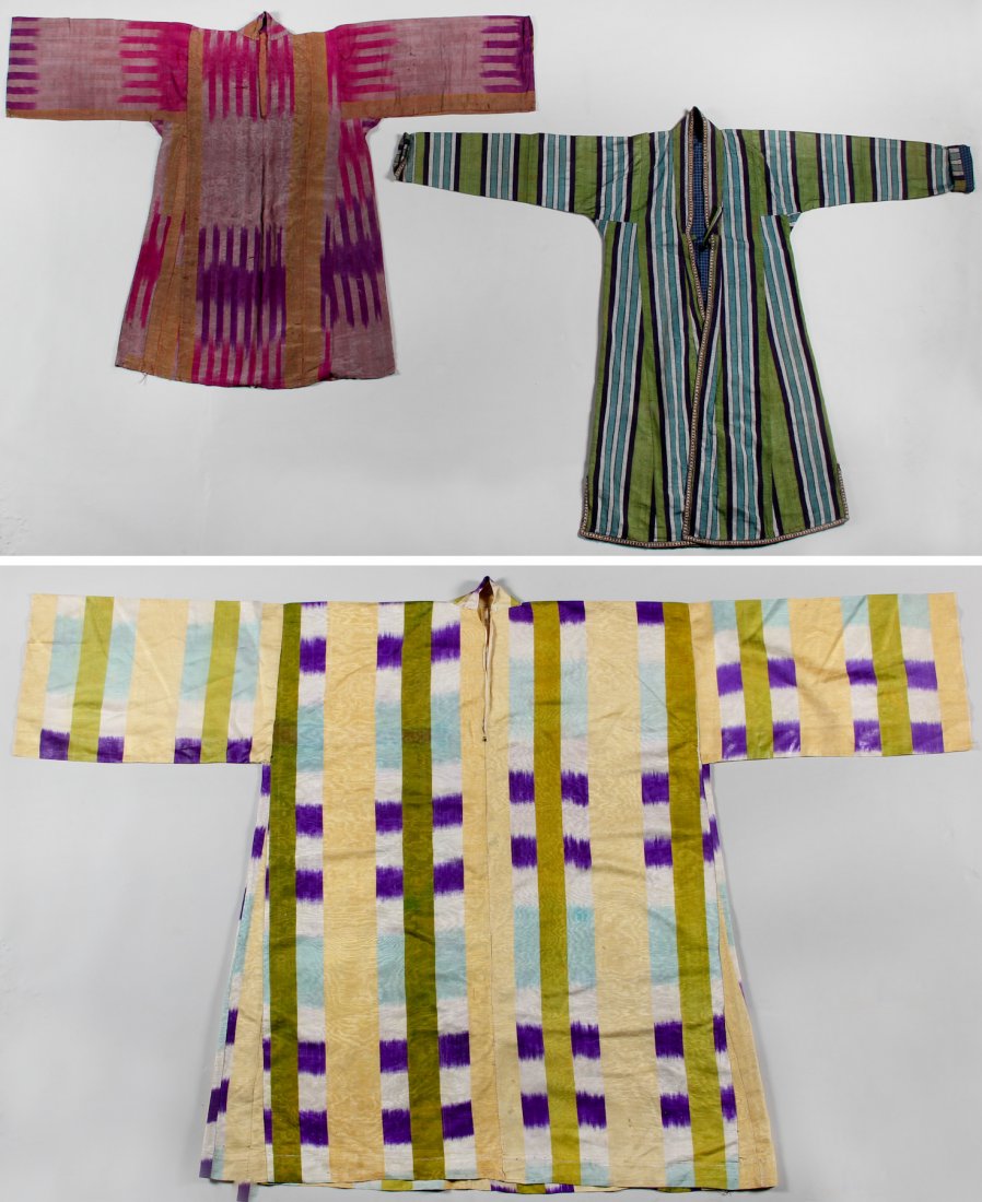 Three Striped Silk Central Asian Robes: Three Striped Silk Central Asian Robes, circa 1900. Size: 1) 43-1/2 x 34-1/2 inches, 21 inches (sleeve); 2) 49 x 43 inches, 21 inches (sleeve); 3) 48-1/2 x 31-1/2 inches (sleeve).