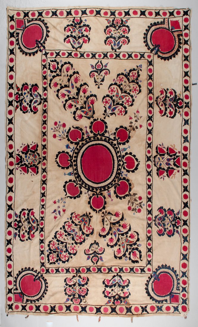 Large Shahrisabz Suzani: Shahrisabz Suzani, Uzbekistan, 19th c, silk on cotton. Prov: Samy and Sara Rabinovic. Size: 6' x 9'.