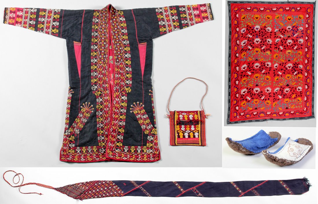 Collection of Central Asian Textiles: Collection of Central Asian Textiles, various ages, including Turkmen Women's Robe w. night bag, Turkmen Bed Cover (55 x 73 inches), Men's sash with black goat wool embroidery (99" x 6") , and a pair 