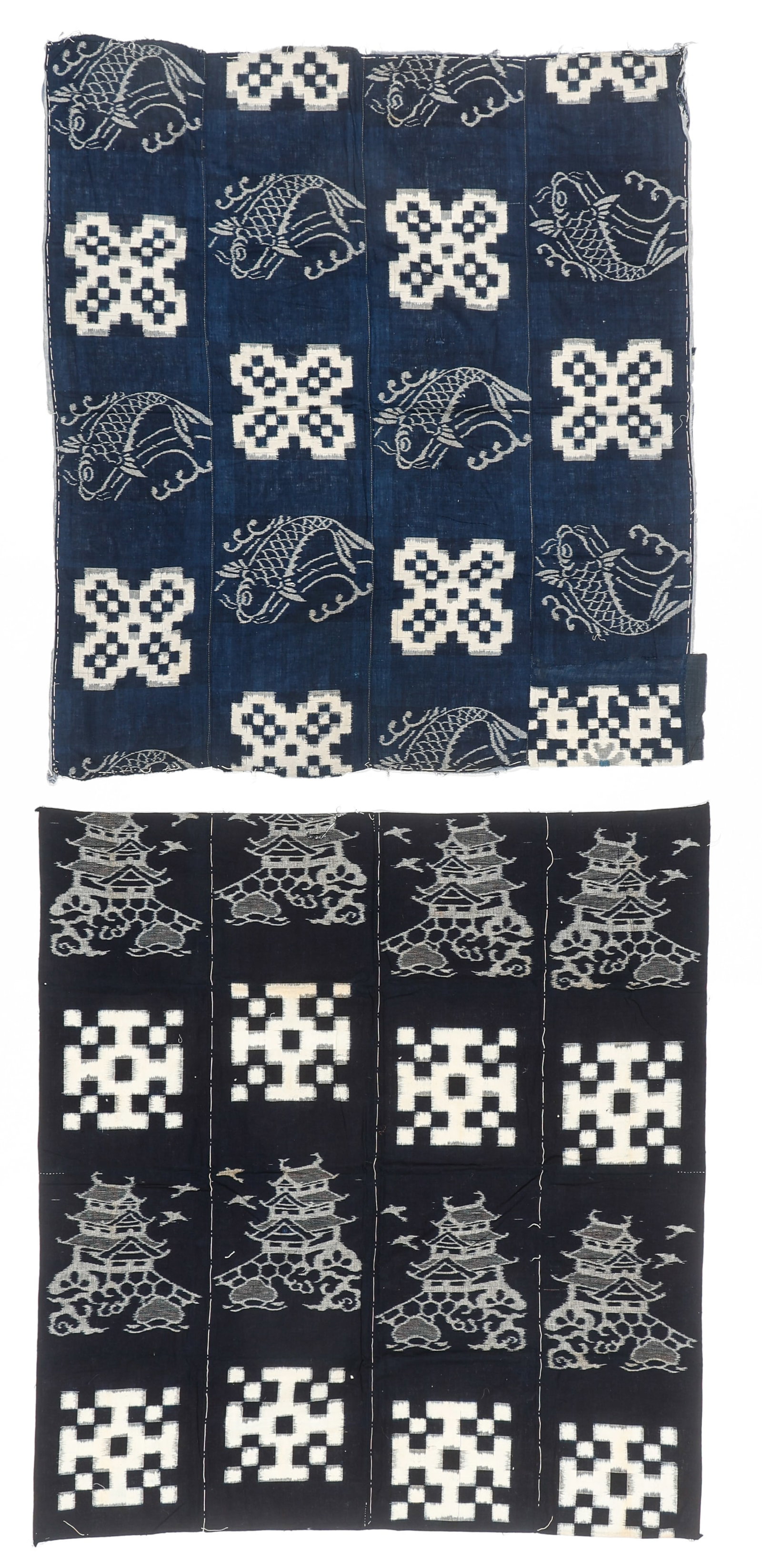 2 Japanese Double Ikat Futon Ji, 4'2'' x 4'10'': 2 Japanese Double Ikat Futon Ji. Size: 4'2'' x 4'10'' (127 x 147 cm); 4'6'' x 4'0'' (137 x 122 cm). Provenance: Douglas Dawson Gallery, Chicago, IL.