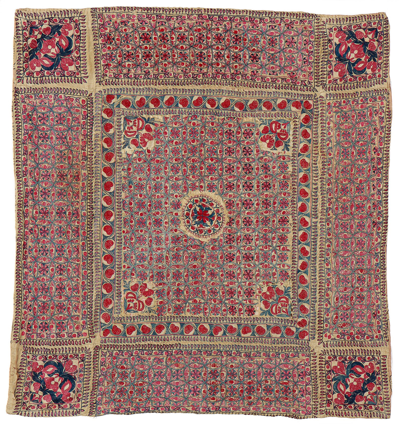 Indian Silk Floss Embroidery, Late 19th C.: Indian Silk Floss Embroidery, Late 19th C. Size: 3'6'' x 3'8'' (107 x 112 cm).