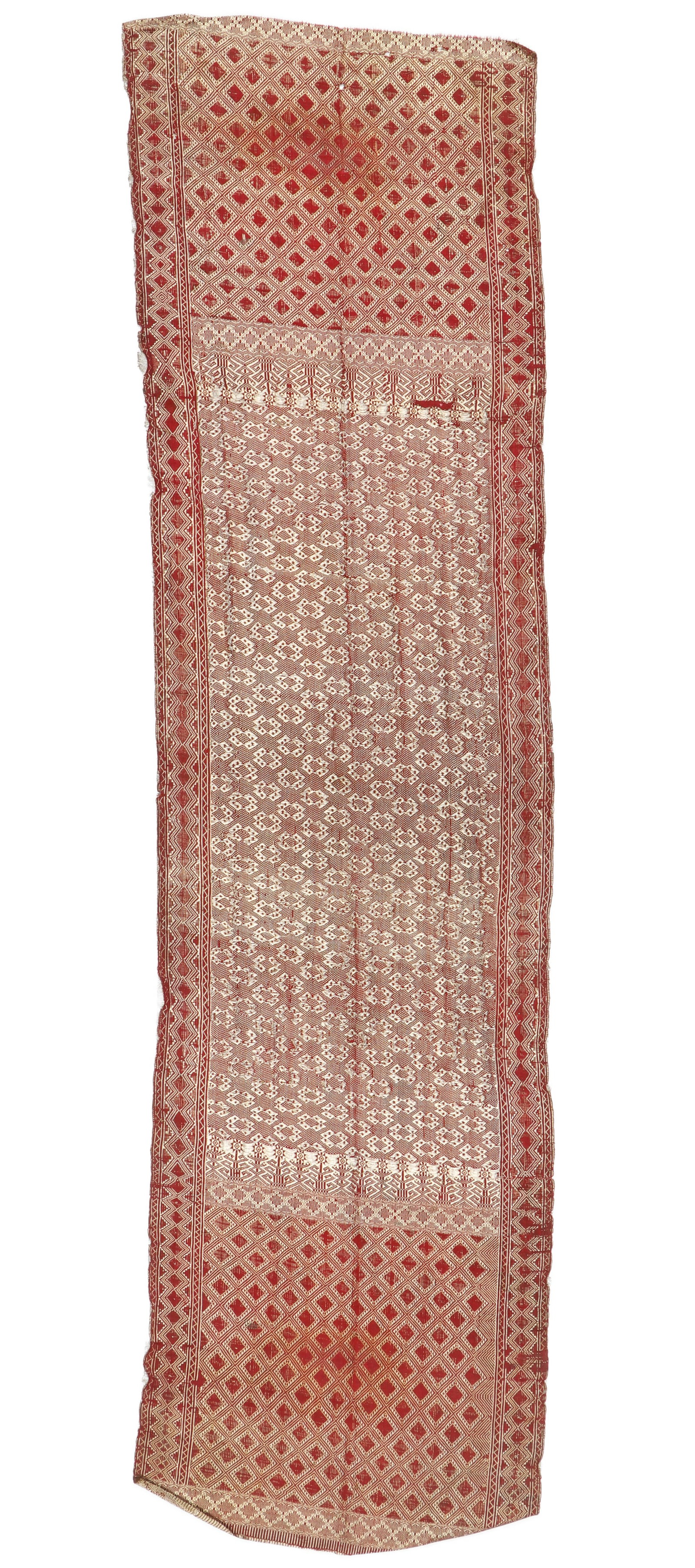 Indian Hip Wrapper (Phaa Nung), 19th C.: Indian Hip Wrapper (Phaa Nung), 19th C. For the Thai market: This textile features gold metallic thread and rust silk. The main field displays a lattice pattern, while the borders at each end contain 