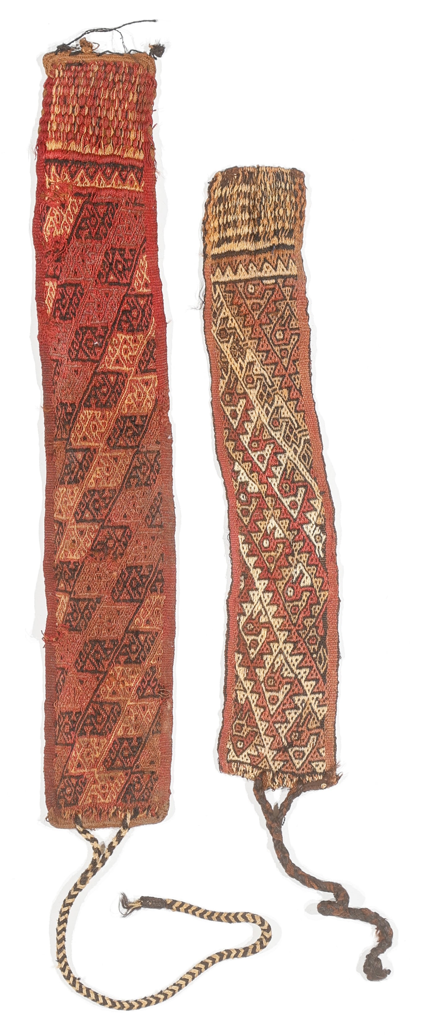 2 Headbands, Ica Culture, 1300-1550 CE: 2 Headbands, Ica Culture, 1300-1550 CE. Two related warp-faced decorative bands with tie cord ends. Profile pelicans are the predominant motif on both but rendered differently, indicating related but