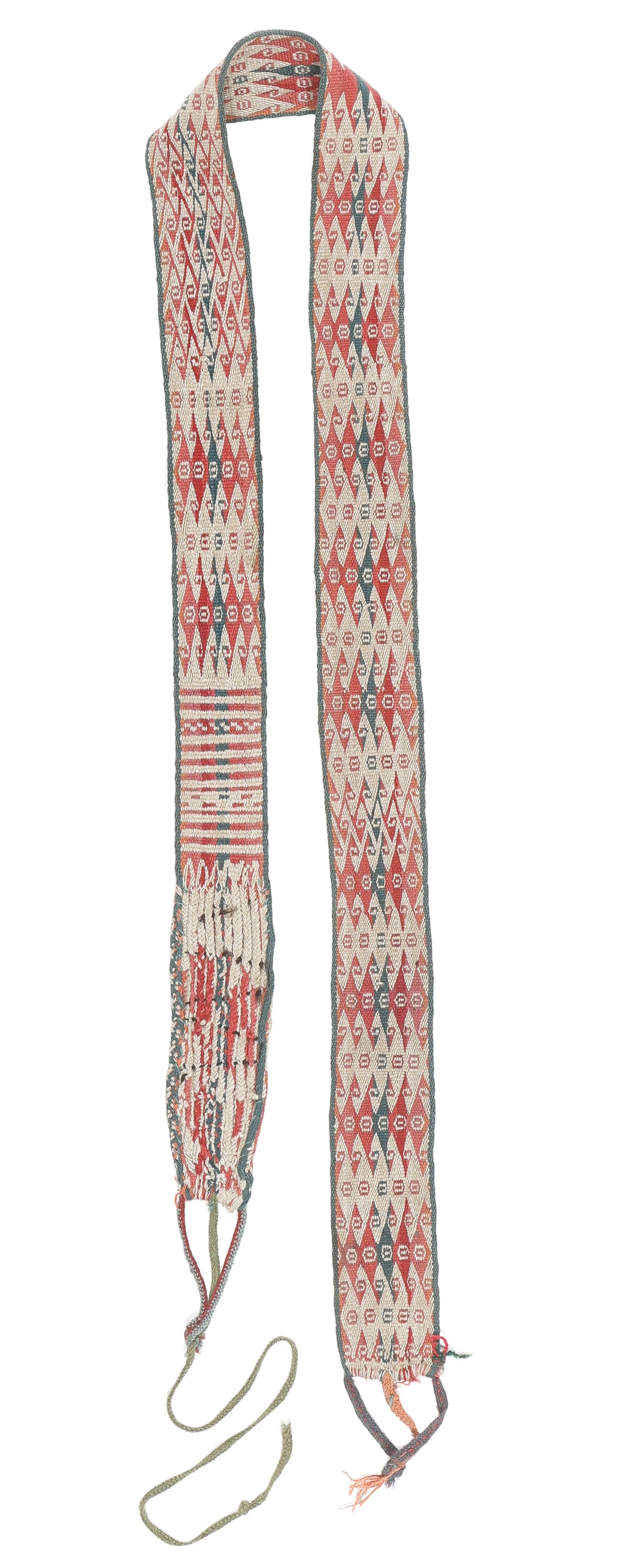 Huaka, Ceremonial Belt, 18th/19th C.: Huaka, Ceremonial Belt, 18th/19th C. Alpaca warp and weft. Natural Dyes. This belt is possibly an older piece from the Charazani area, as the identical interlocking scroll pattern is found in later pi