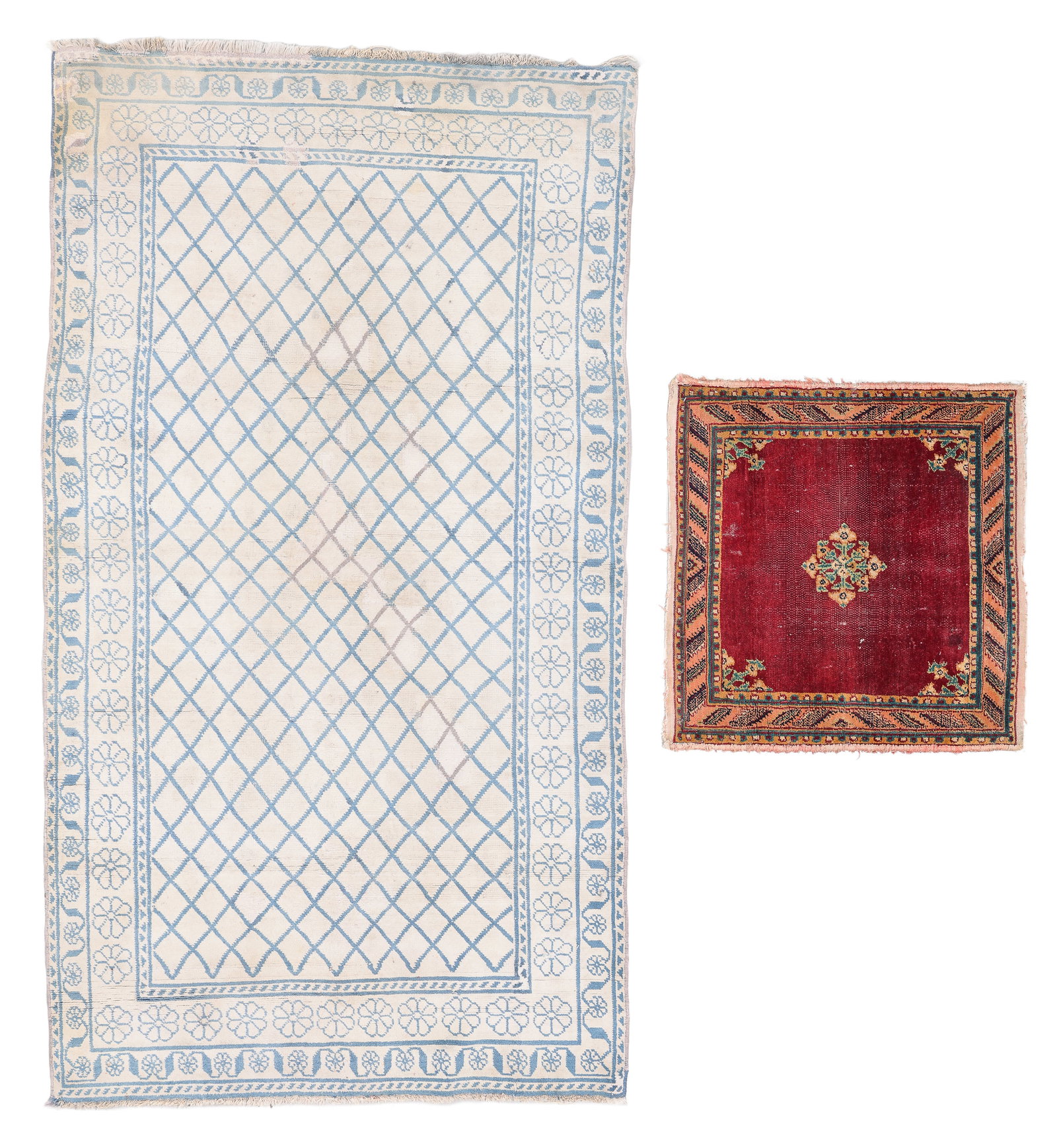 2 Cotton Dhurrie Rugs, Persia, Ca. 1900: 2 Cotton Dhurrie Rugs, Persia, Ca. 1900, largest: 3'9'' x 6'7'' (114 x 201 cm). Weight: 15 lbs. Material: cotton pile, cotton warp and weft.