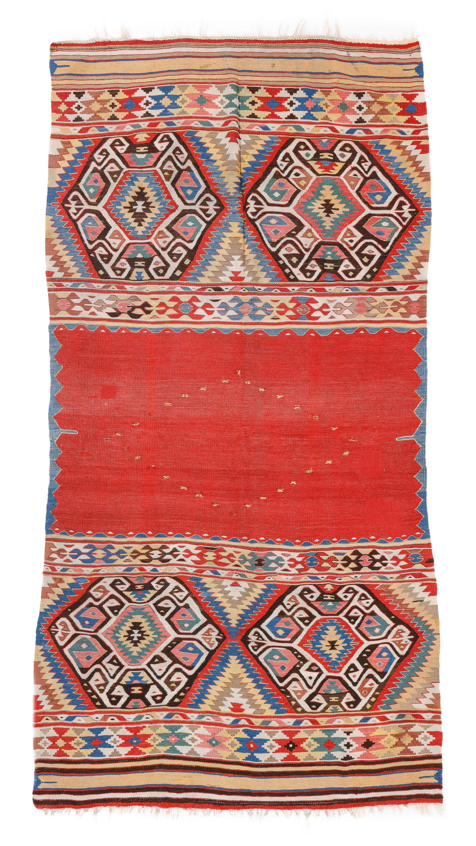 Fetiye Kilim, Turkey, 19th C., 4'9'' x 9'0'': Fetiye Kilim, Turkey, 19th C., 4'9'' x 9'0'' (145 x 274 cm). Weight: 8 lbs. Material: wool surface, wool warp.