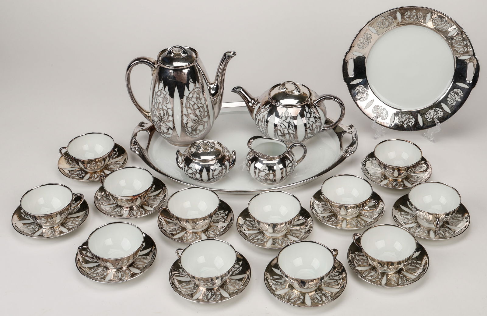Bavarian Art Deco Silver Overlay Porcelain Coffee and Tea Service, 30 Pieces (1 of 8)