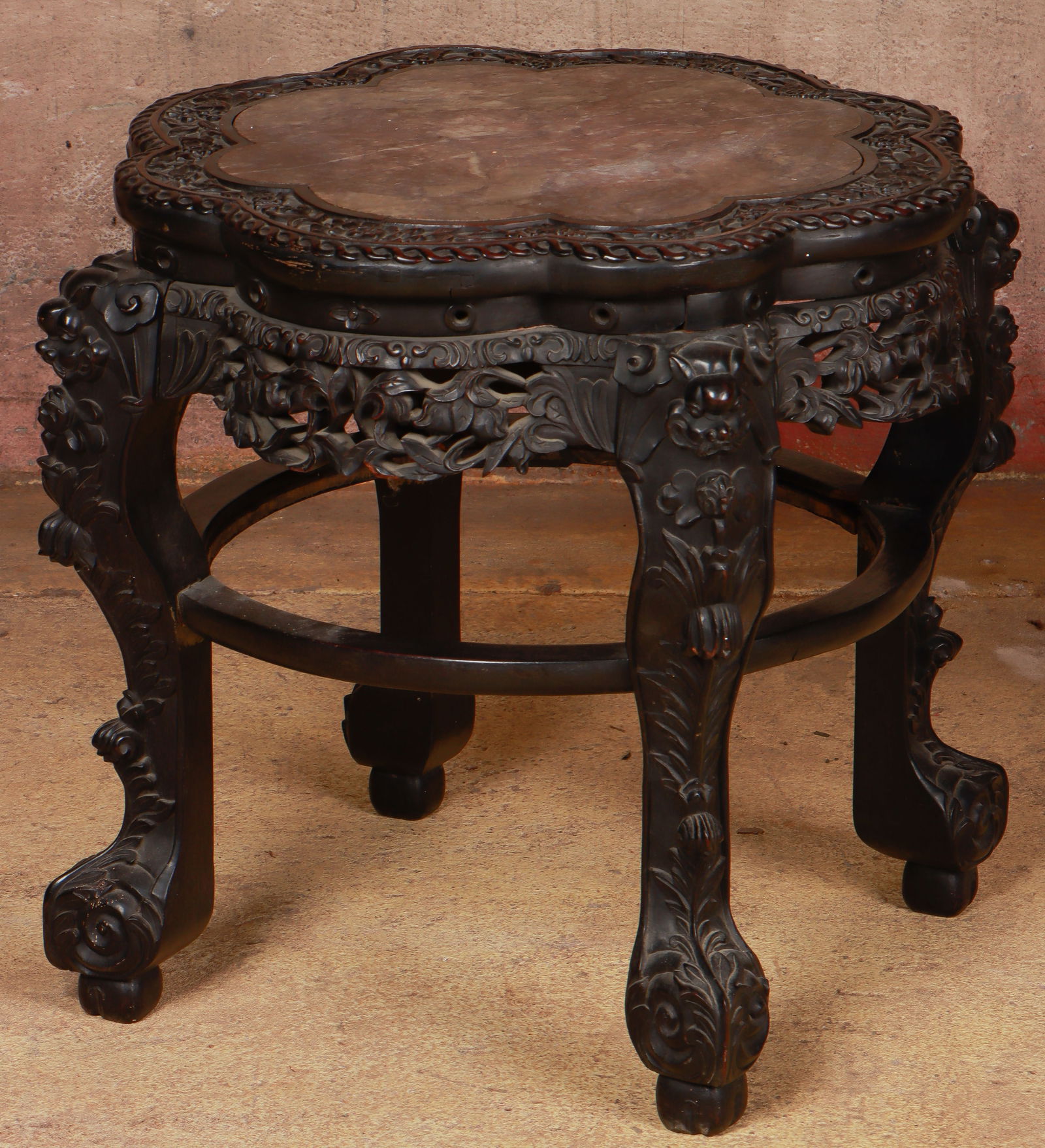 Antique Chinese Carved Rosewood Marble Inset Occasional Table, Late 19th/Early 20th C. (1 of 4)