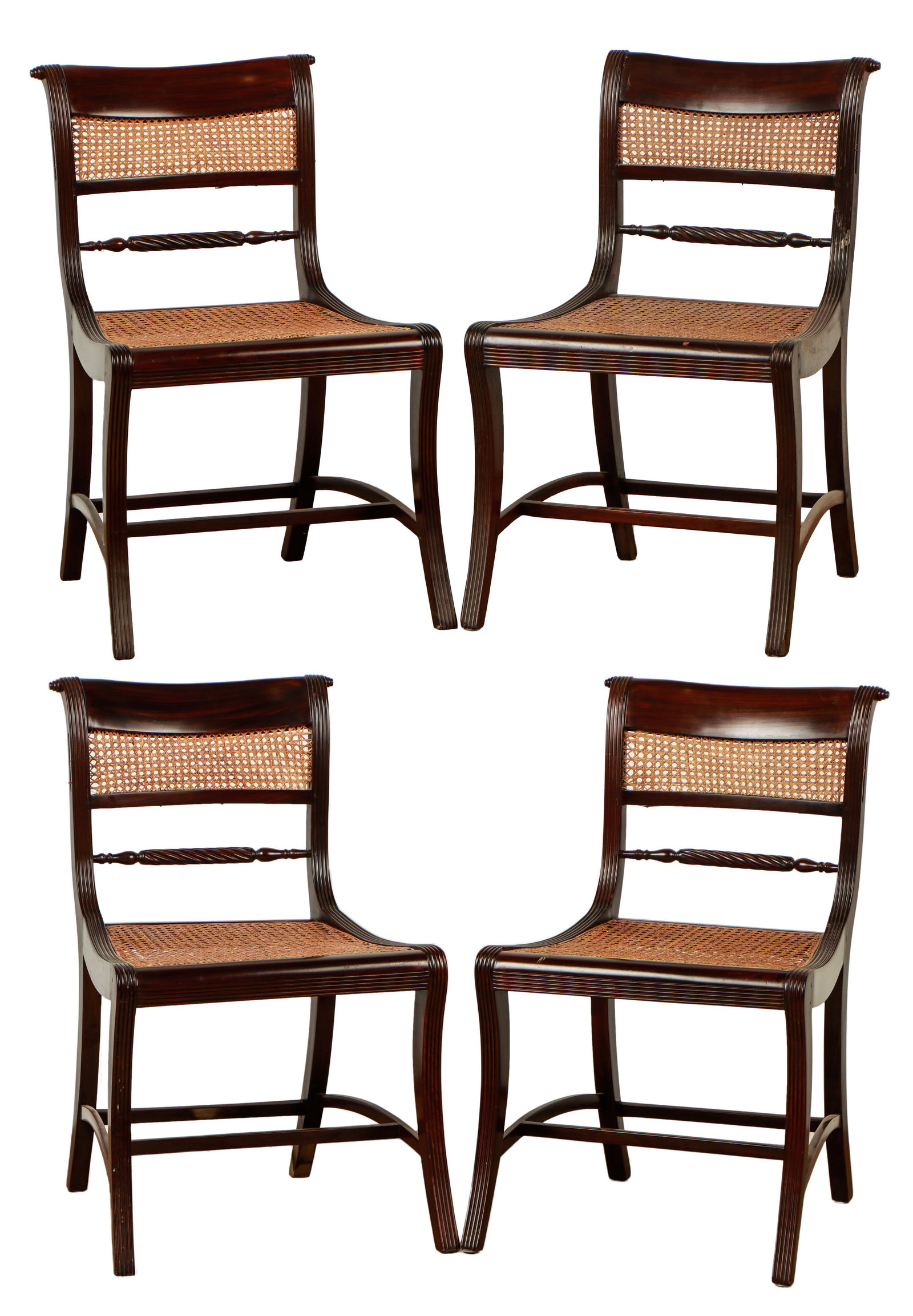 4 Empire Style Sabre Leg Caned Rosewood Side Chairs.: 4 Empire Style Sabre Leg Caned Rosewood Side Chairs. Each 33'' x 23'' x 20'' (84 x 58 x 51 cm).After making payment, all furniture buyers must collect and remove their purchases from Material Culture'