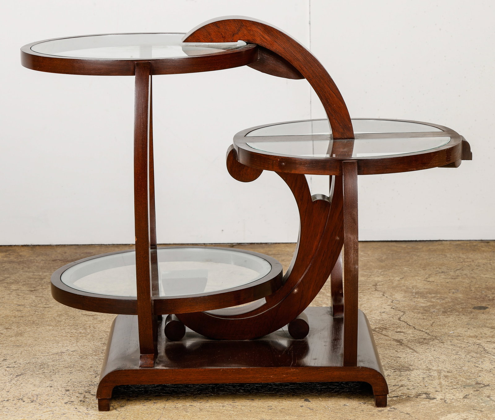 Art Deco Style Teak and Glass Etagere, 20th C.: Art Deco Style Teak and Glass Etagere, 20th C. Size: 24'' x 30'' x 20'' (61 x 76 x 51 cm).After making payment, all furniture buyers must collect and remove their purchases from Material Culture's fac
