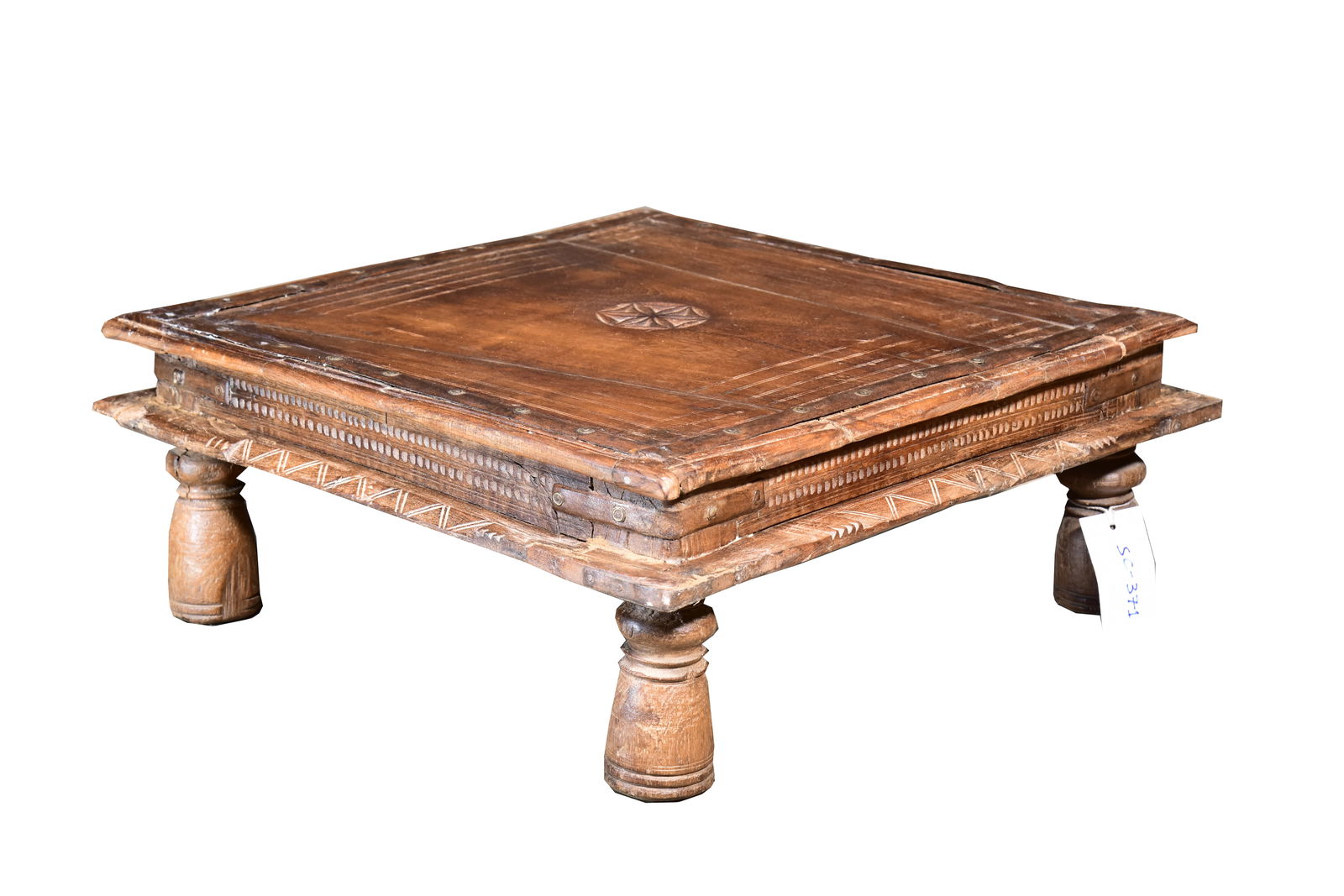 Antique Indian Metal Clad Carved Teak Bajot Table, 19th C.,  33'' x 23'' x 6'' (1 of 4)