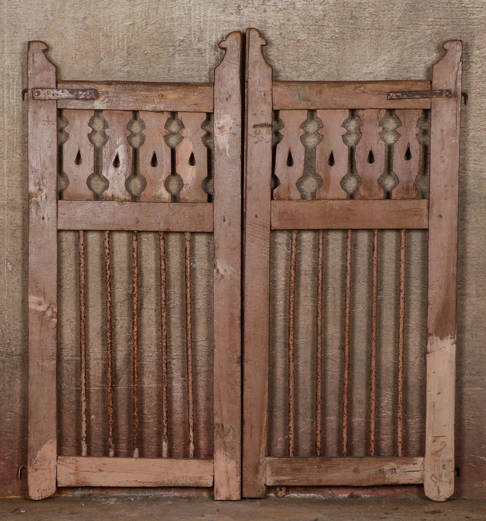 Antique Indian Painted Teak Wood and Iron Gate: Antique Indian Painted Teak Wood and Iron Gate. Distressed, remnants of old paint. Size: 43'' x 38.5'' (109 x 98 cm). After making payment, all furniture buyers must collect and remove their purchases