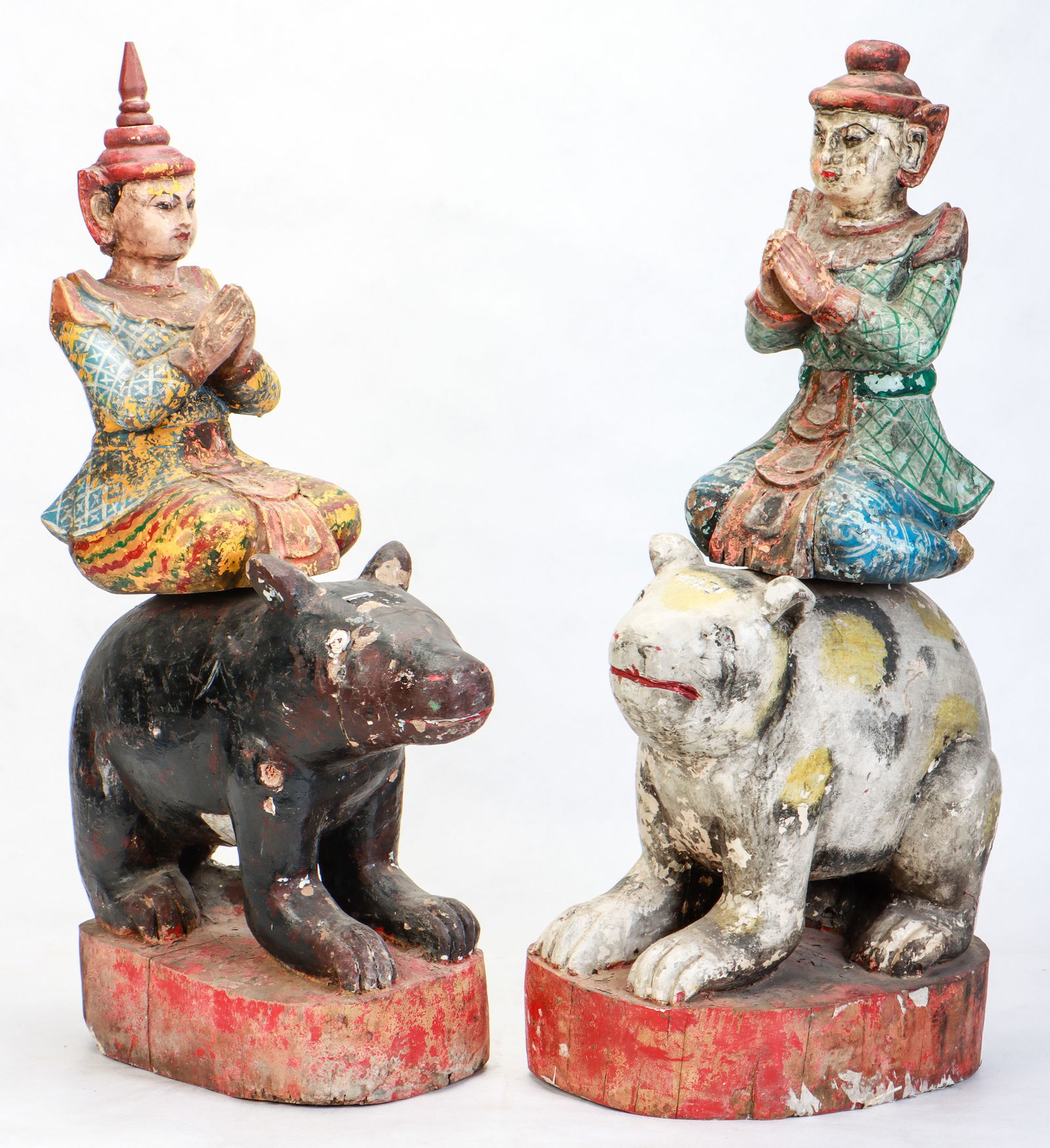 2 Antique Burmese Polychrome Wood Zodiac Figures (1 of 4)