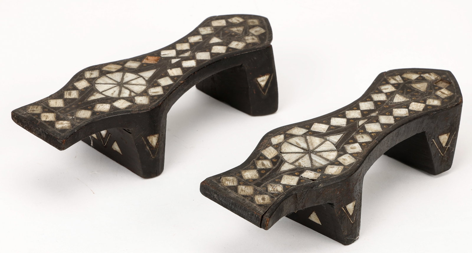 Pair of Ottoman Hamam Public Bath Shoes, Turkey and Syria, C. 19th C.: Pair of Ottoman Hamam Public Bath Shoes, Turkey or Syria, C. 19th C. Wood, inlaid silver, and mother of pearl. Losses to inlay. . Size: Each 9'' x 3'' x 2'' (23 x 8 x 5 cm).