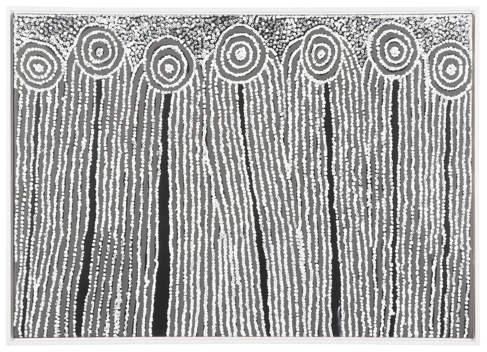 Glenys Gibson Napaltjarri (b. 1970) "Women's Ceremony, 2019": Glenys Gibson Napaltjarri (Australian, b. 1970) "Women's Ceremony, 2019", acrylic painting on linen. Framed. Size: 23.75'' x 33.5'', 60 x 85 cm (stretcher); 24.75'' x 34.5'', 63 x 88 cm (frame).