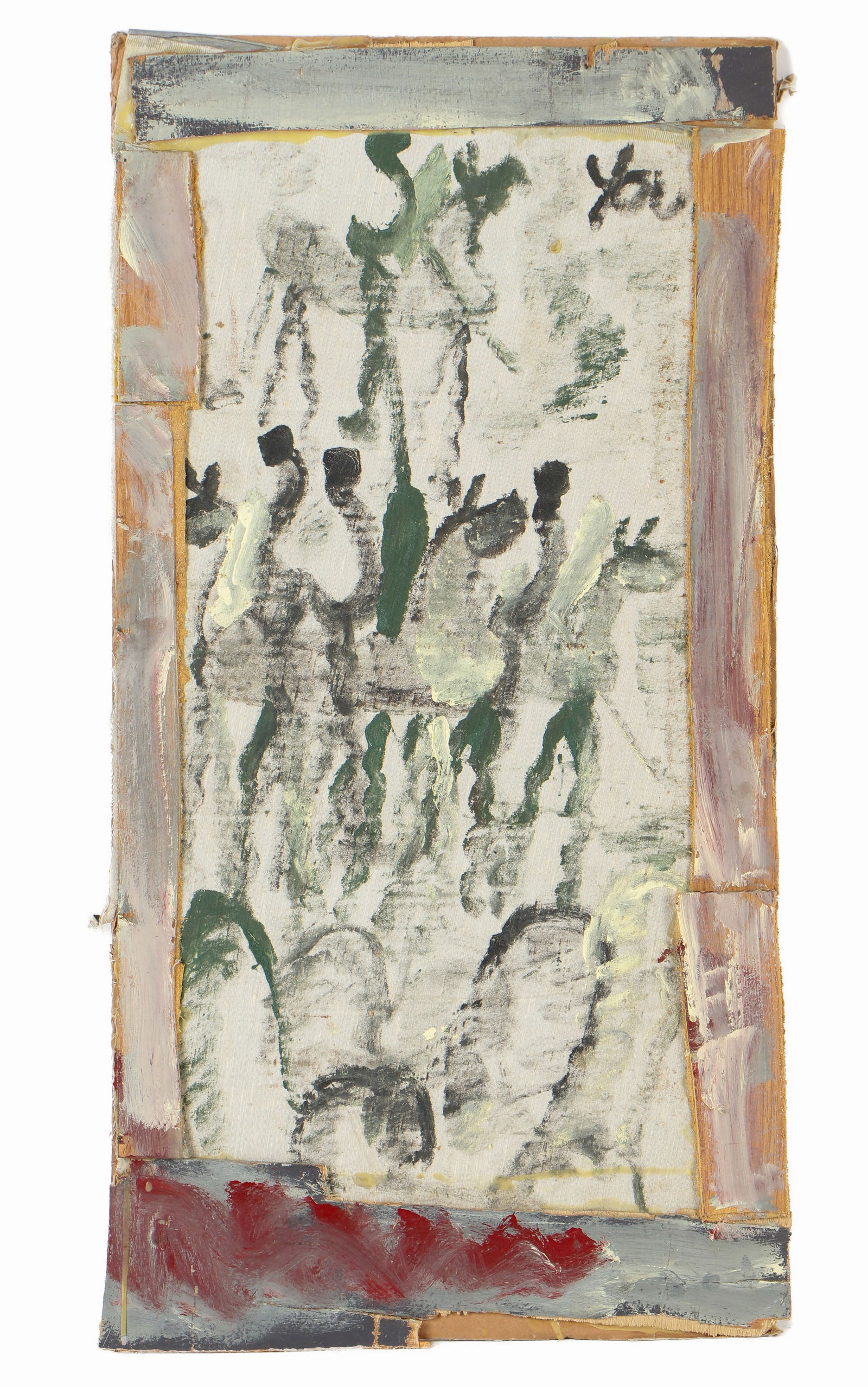 Purvis Young (American, 1943-2010) Untitled assemblage on board with fabric, signed. (1 of 3)