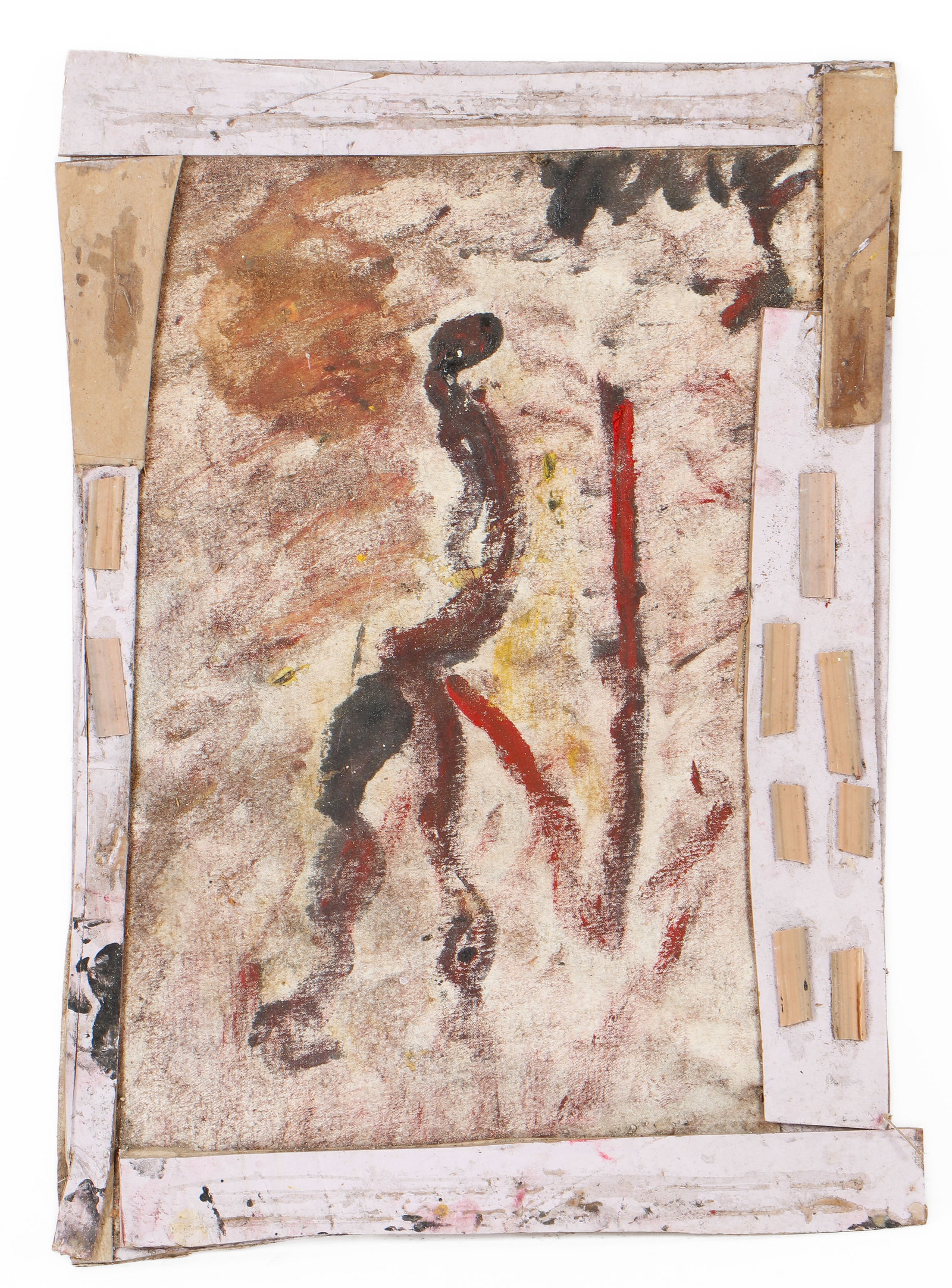 Purvis Young (American, 1943-2010) Painting On Canvas with Cardboard Assemblage, Signed: Purvis Young (American, 1943-2010) Untitled Painting On Canvas with Cardboard Assemblage, SignedSize: 21.5'' x 15'' (55 x 38 cm).