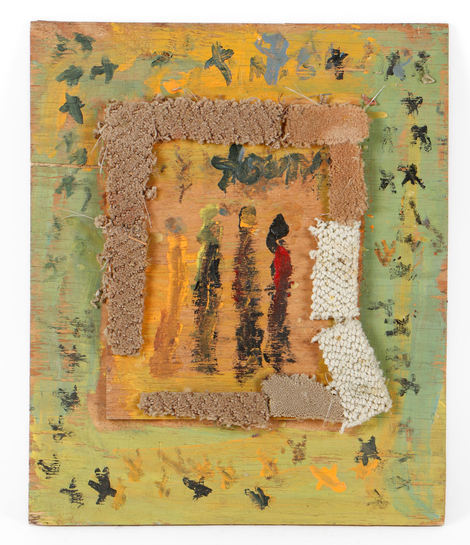 Purvis Young (American, 1943-2010) Untitled assemblage on board, with carpet, signed (1 of 2)