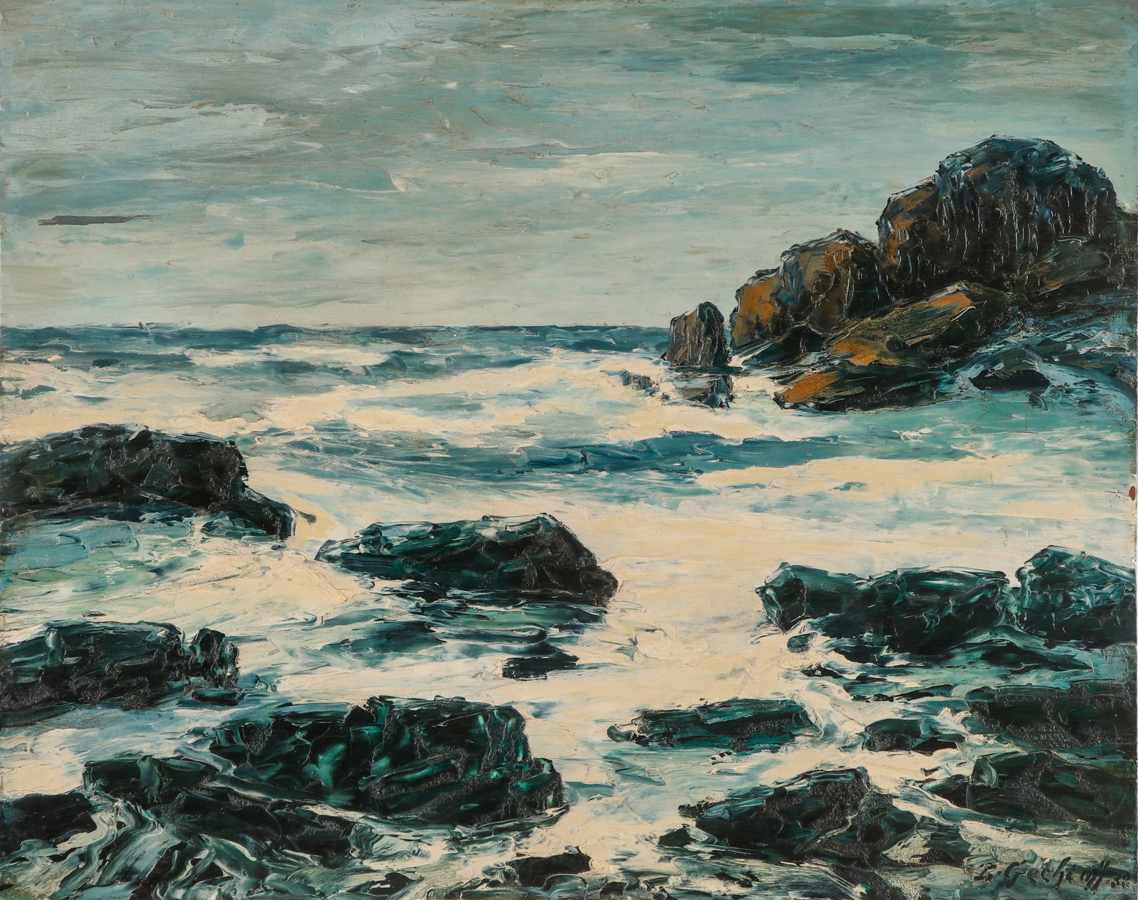Lenoid Gechtoff (1883-1941) "Seascape": Lenoid Gechtoff (Russian/American, 1883-1941) "Seascape", oil painting on board, signed. Unframed. Size: 24'' x 30.25'', 61 x 77 cm (board).