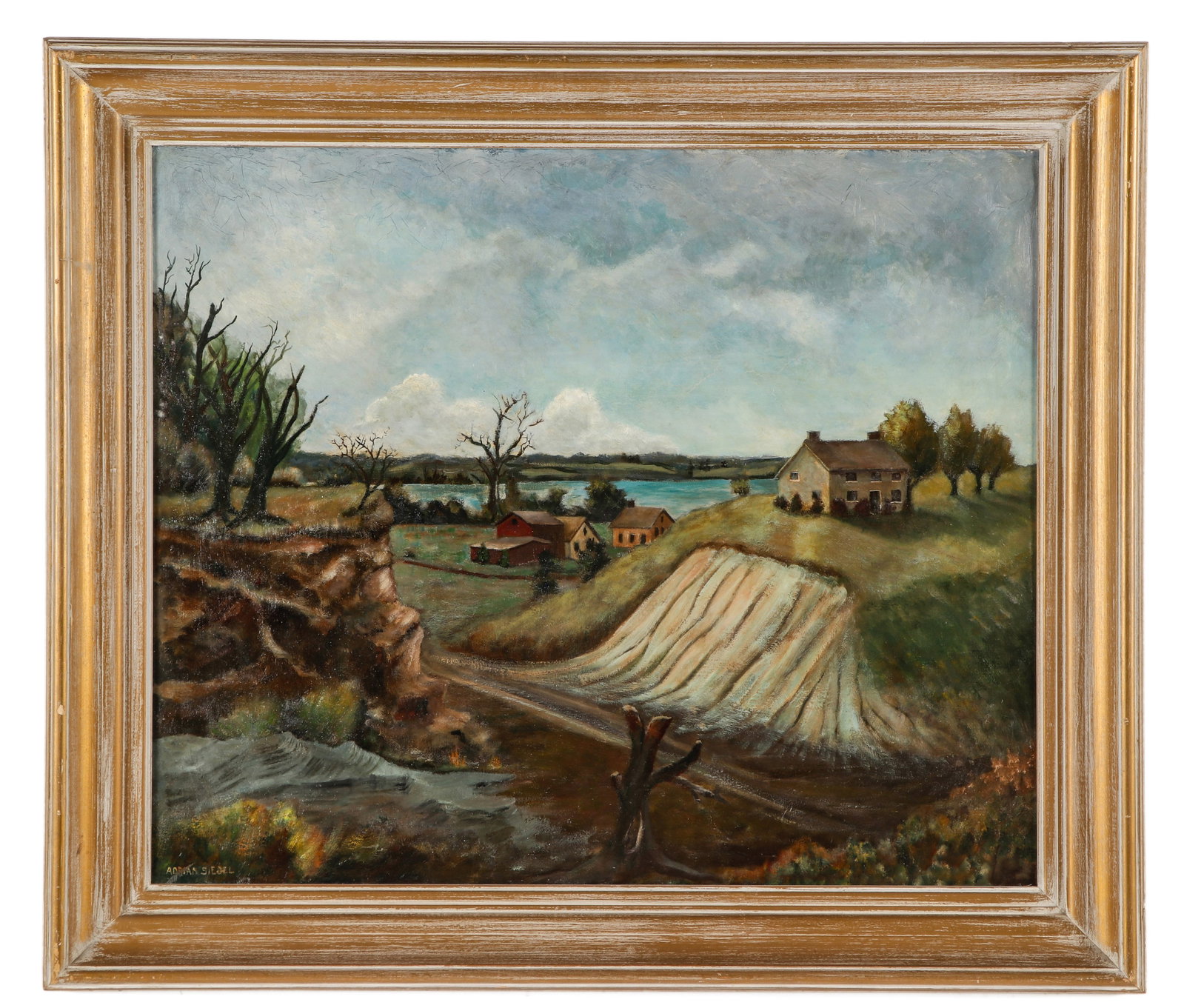 Adrian Siegel (1898-1978) "Road Through The Bluff": Adrian Siegel (American, 1898-1978) "Road Through The Bluff", oil painting on canvas, signed. Framed. Size: 25'' x 30'', 64 x 76 cm (stretcher); 31.5'' x 36.5'', 80 x 93 cm (frame).
