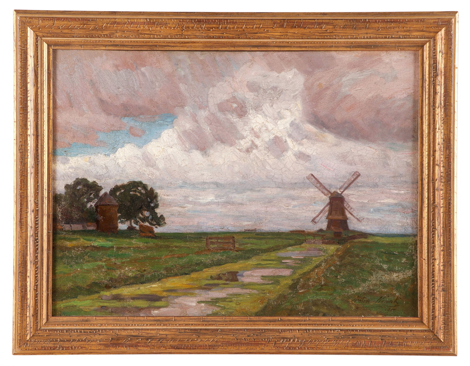 Anton Nowak (Austrian, 1865-1932) "Near Valendam, Holland": Anton Nowak (Austrian, 1865-1932) "Near Valendam, Holland", oil painting on canvas, signed. Inscibed "MALER (artist) ANTON NOWAK WEIN BEI (near) VALENDAM, HOLLAND" Framed. Size: 18.75'' x 25.5'', 48 x