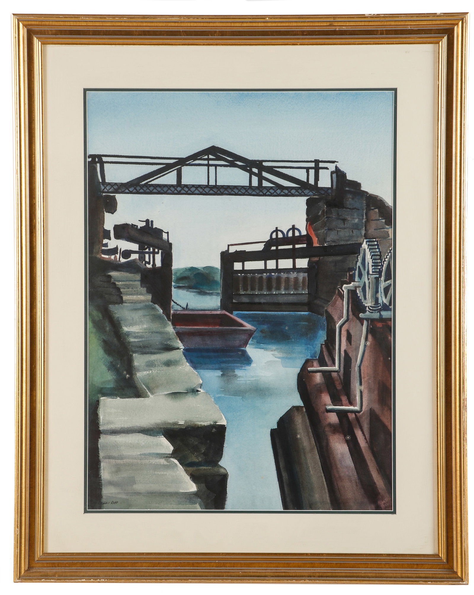 Lois Rapp (American, 1907-1992) Watercolor Painting: Lois Rapp (American, 1907-1992) Untitled (Industrial Dock Scene), Watercolor painting, signed. Framed. Size: 29.5'' x 21.5'', 75 x 55 cm (sight); 39.75'' x 31.75'', 101 x 81 cm (frame).