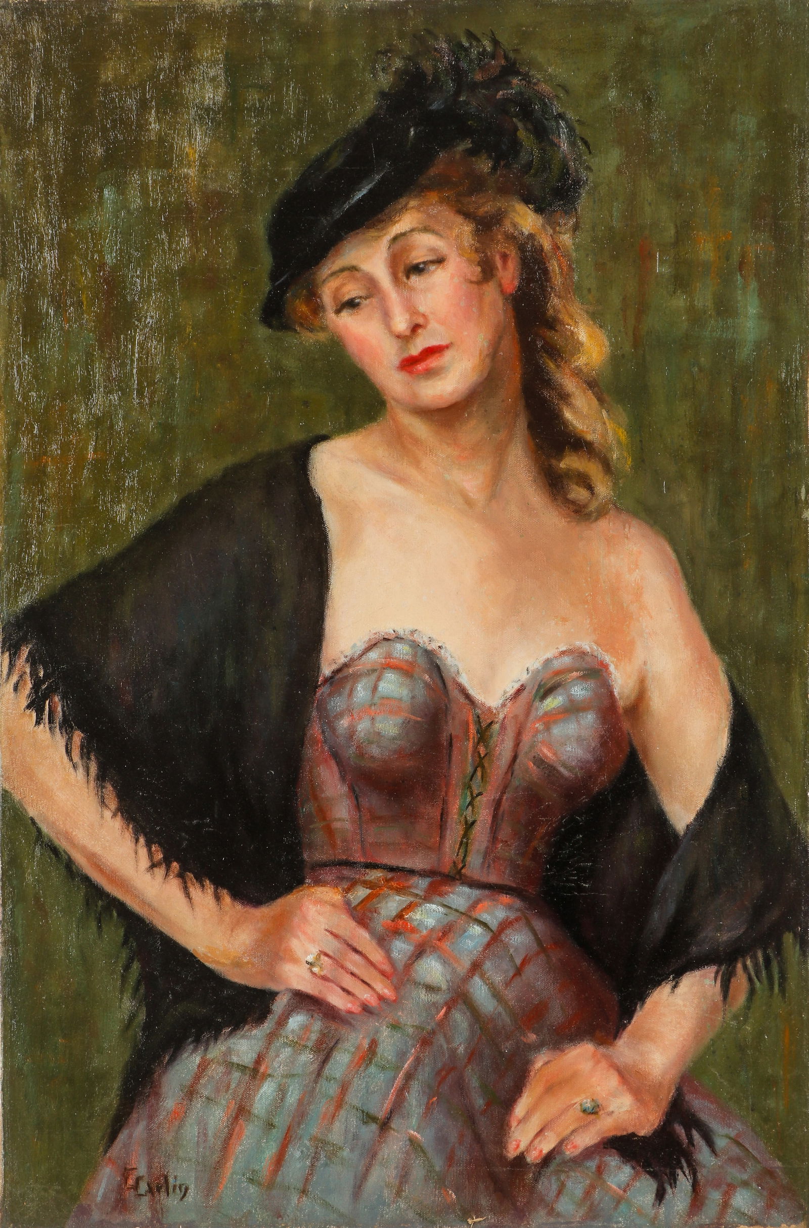 James Carlin (1909-2005) "Woman With A Shawl": James Carlin (American, 1909-2005) "Woman With A Shawl", oil painting on canvas, signed. Unframed. Size: 30.25'' x 20.25'', 77 x 51 cm (stretcher).