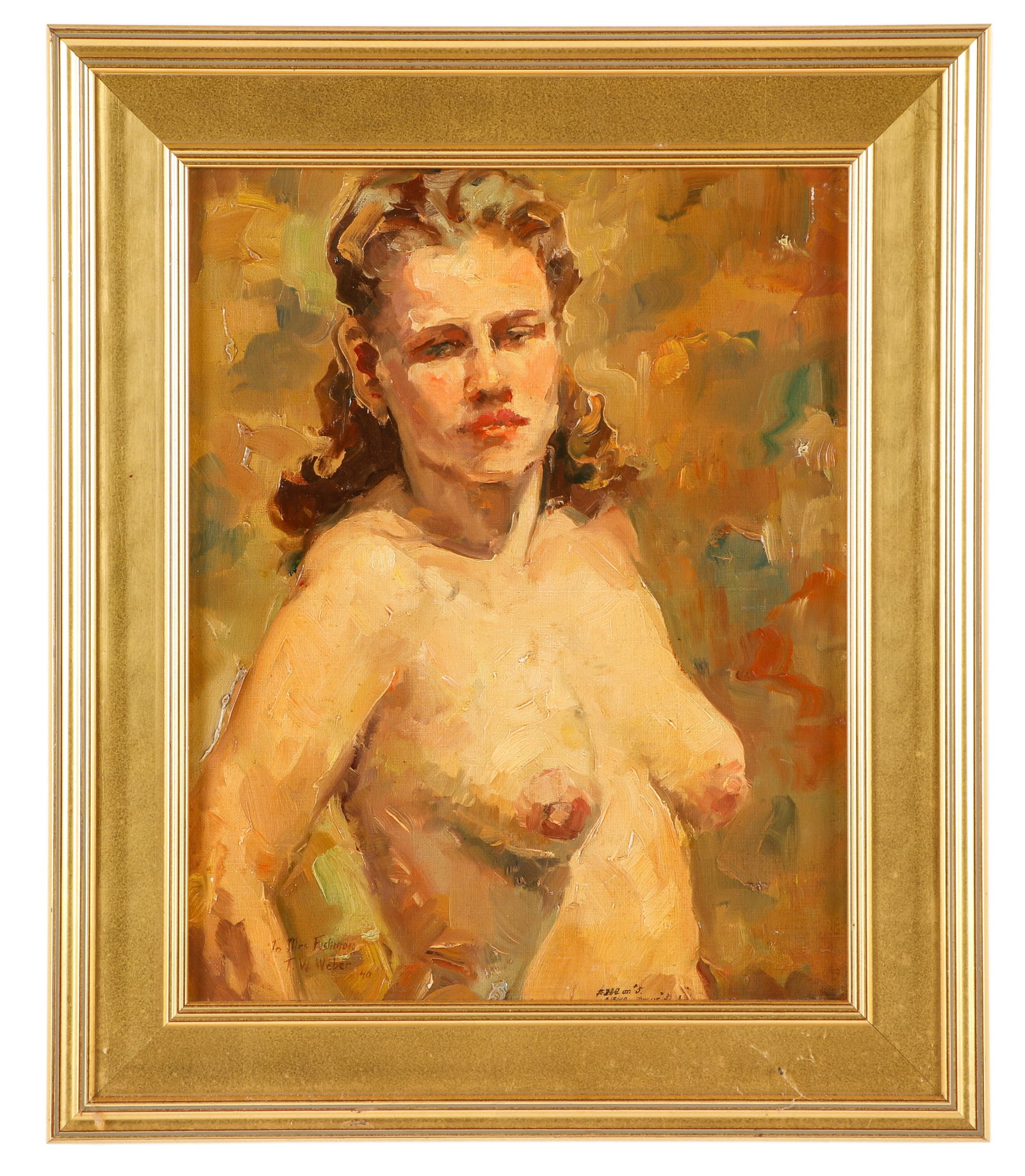 Fred W. Weber (1890-1972) "Nude With Fall Background": Fred W. Weber (American, 1890-1972) "Nude Portrait", oil painting on board, signed, dated 1940 and dedicated to Mrs. Fishman, bears Museum codes and numbers. Framed. Size: 20'' x 16'', 51 x 41 cm (boa