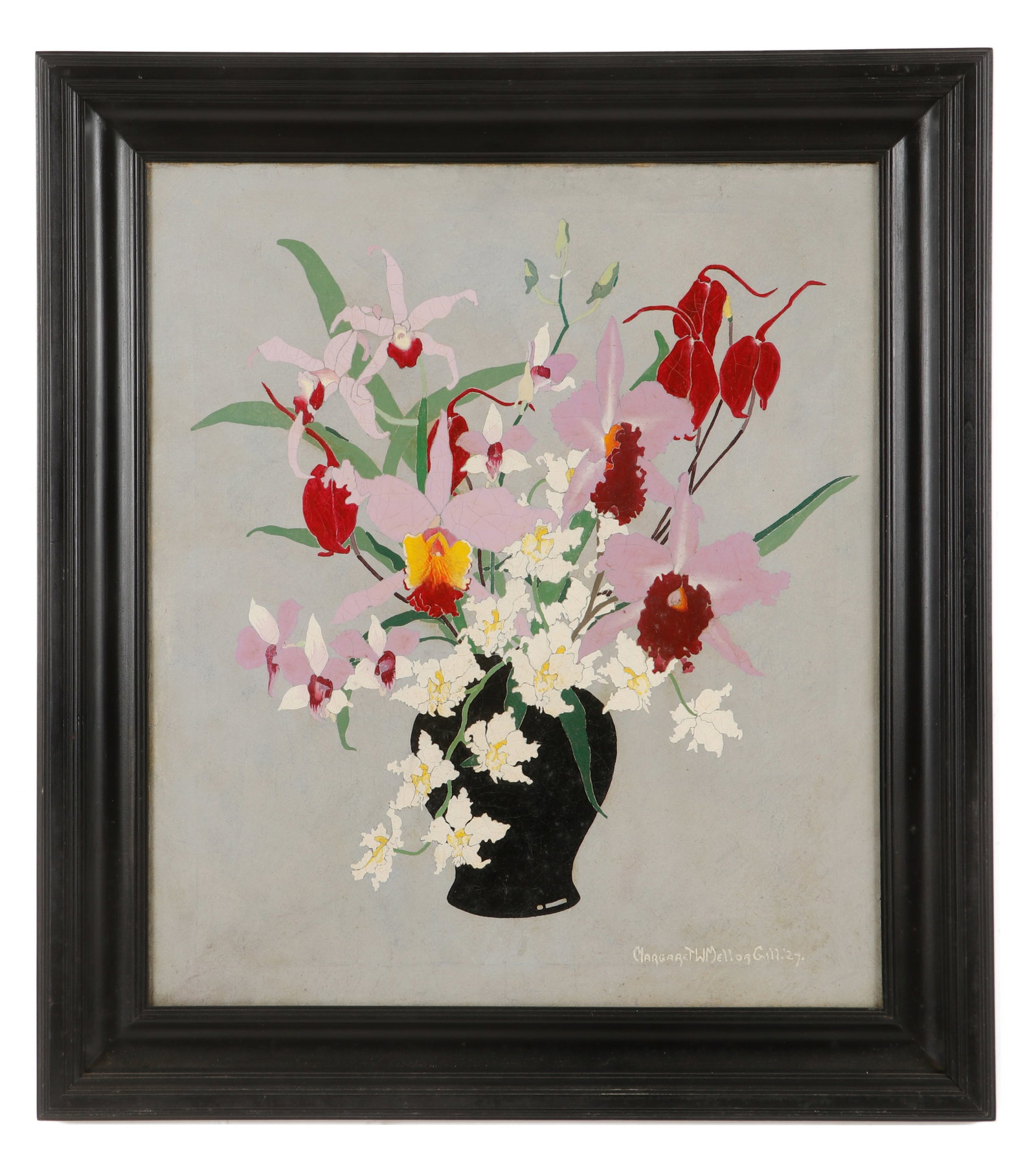 Margaret Webster Mellor Gill (1901-1986) "Orchids In A Black Vase": Margaret Webster Mellor Gill (1901-1986) "Orchids In A Black Vase", oil painting on canvas, signed dated 1927. Framed. Size: 30'' x 26'', 76 x 66 cm (stretcher); 37.5'' x 33.5'', 95 x 85 cm (frame).