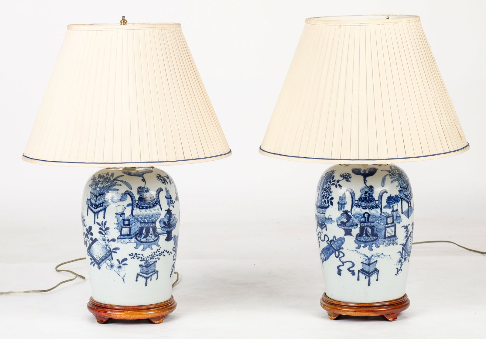 Pair of Chinese Blue and White Porcelain Vases, Mounted As Lamps: Pair of Chinese Blue and White Porcelain Vases, Mounted As Lamps. Size: Each Height: 11'', 28 cm (vase); 24'' 61 cm (with standard).
