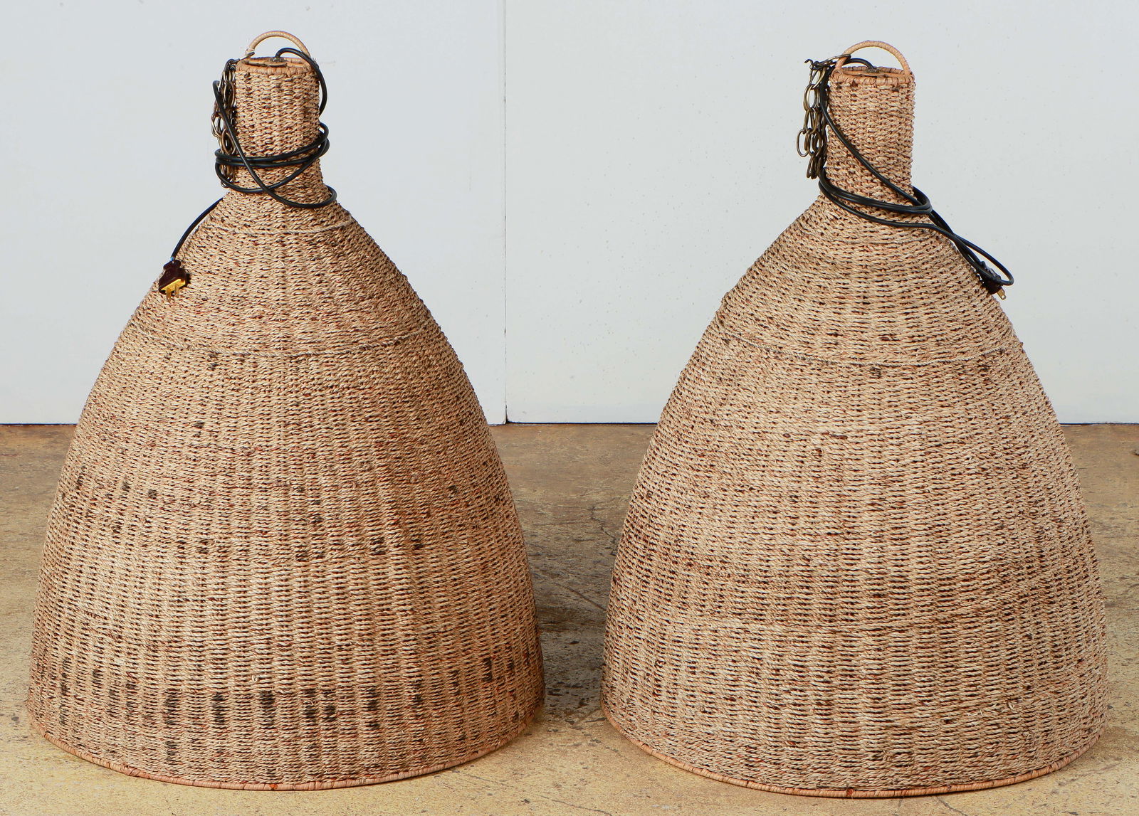 Pair of Large Asian Rope Bell-Form Hanging Lamps (1 of 3)
