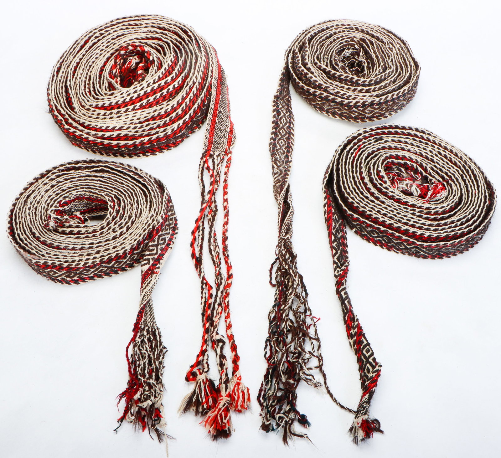 4 Antique Tent Bands, Central Asia/Middle East: 4 Antique Central Asian Tent Bands, Central Asia/Middle East. Largest Size: 44'0'' x 2'' (1341 x 5 cm). Provenance: Estate of Professor Louis Flam.