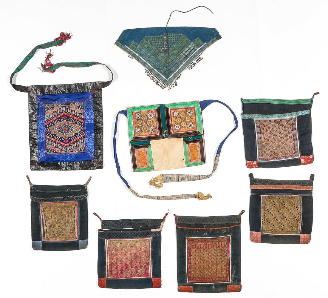 Collector's Lot of 8 Chinese Minority Embroidered Textiles, 20th C.: Collector's Lot of 8 Chinese Minority Embroidered Textiles, 20th C. Cotton, silk embroidery. Sizes Ranging From: 1'1'' x 1'0'' (33 x 30 cm); To: 1'5'' x 4'2'' (43 x 127 cm).